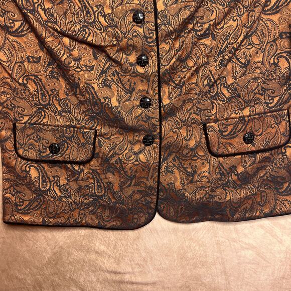 Vintage 90s Studio Works Metallic Paisley Jacket Orange Nehru Collar Button Up - Picture 4 of 8